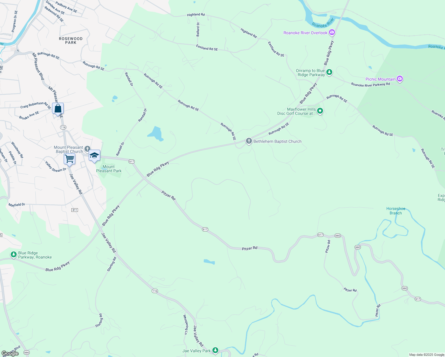 map of restaurants, bars, coffee shops, grocery stores, and more near Ballyhack Trail in Roanoke