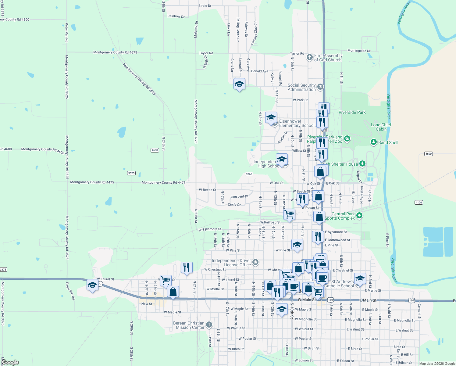 map of restaurants, bars, coffee shops, grocery stores, and more near 999 West Oak Street in Independence