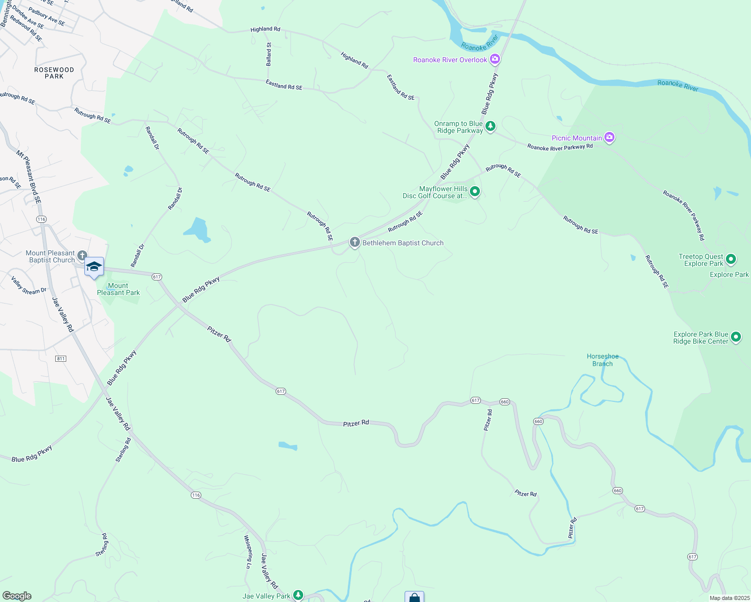 map of restaurants, bars, coffee shops, grocery stores, and more near 3155 Ivyland Drive in Roanoke