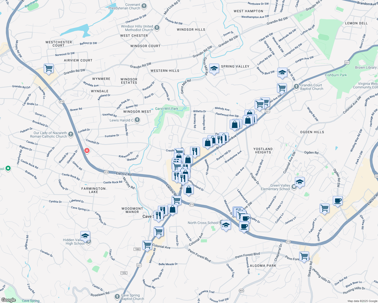 map of restaurants, bars, coffee shops, grocery stores, and more near 4662 Mill View Court in Roanoke