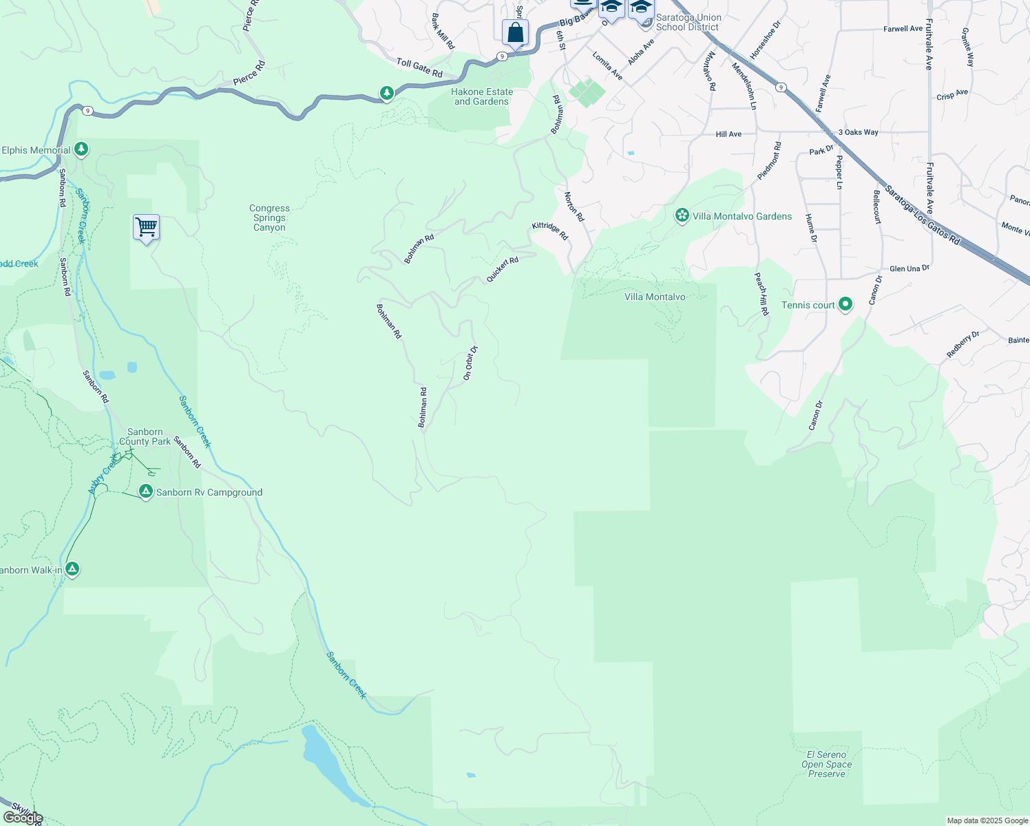 map of restaurants, bars, coffee shops, grocery stores, and more near 15910 Wildcat Ridge in Saratoga