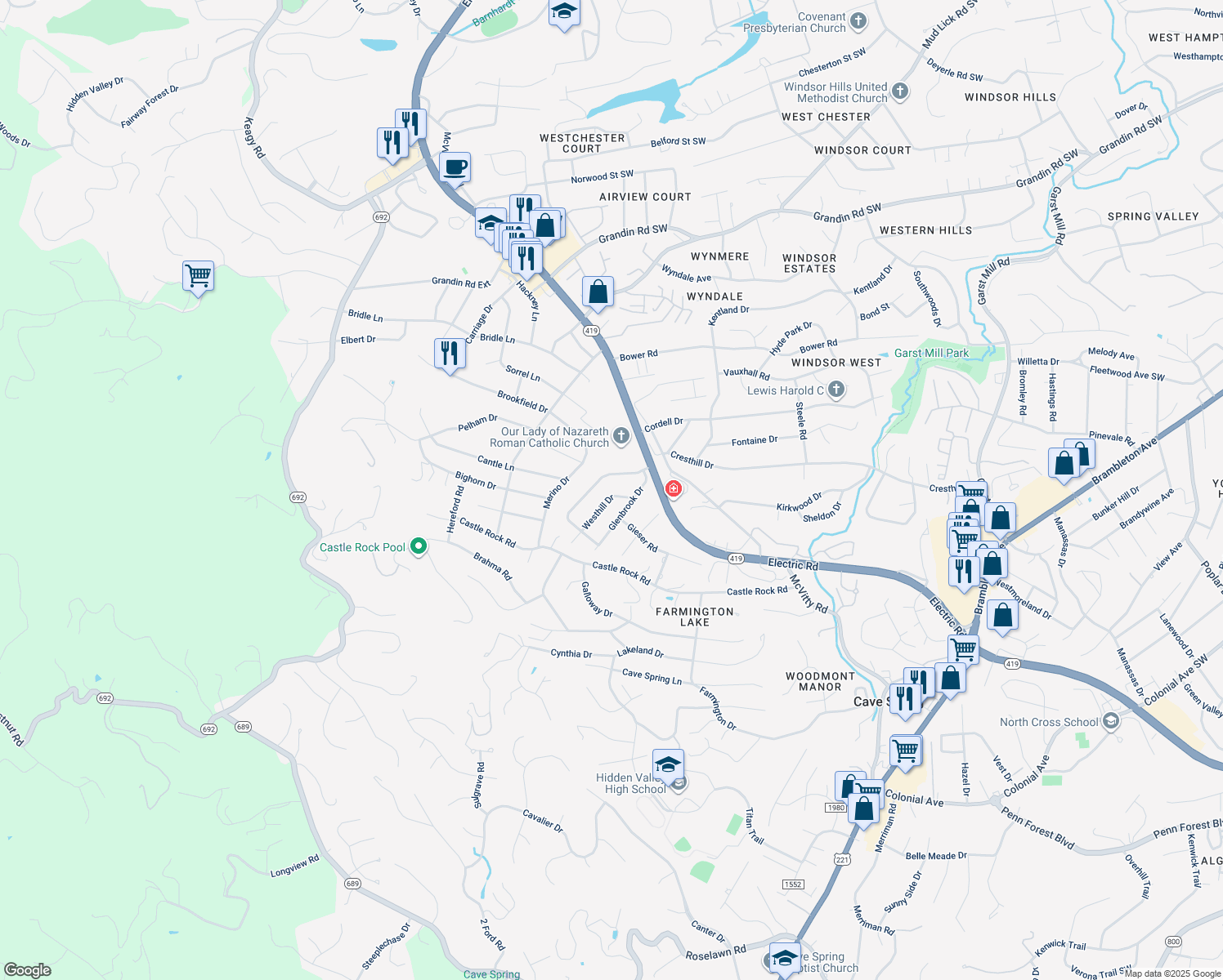 map of restaurants, bars, coffee shops, grocery stores, and more near 4817 Westhill Drive in Roanoke