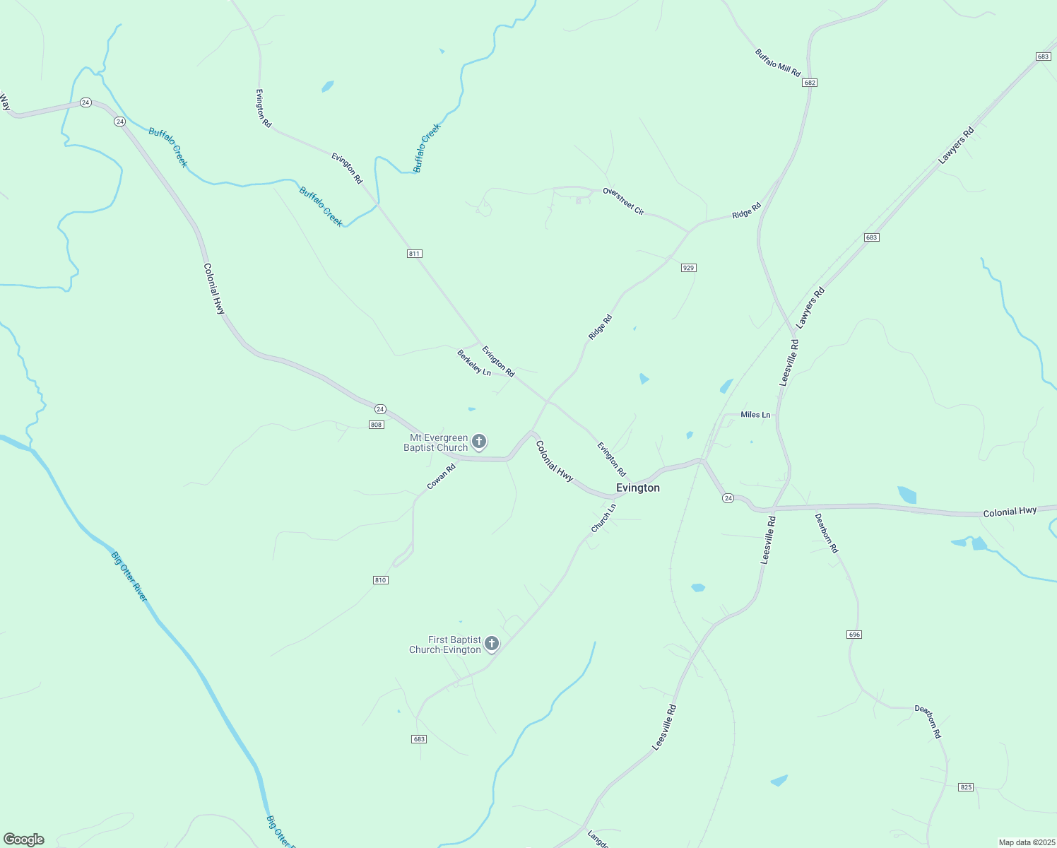 map of restaurants, bars, coffee shops, grocery stores, and more near 1259 Ridge Road in Evington