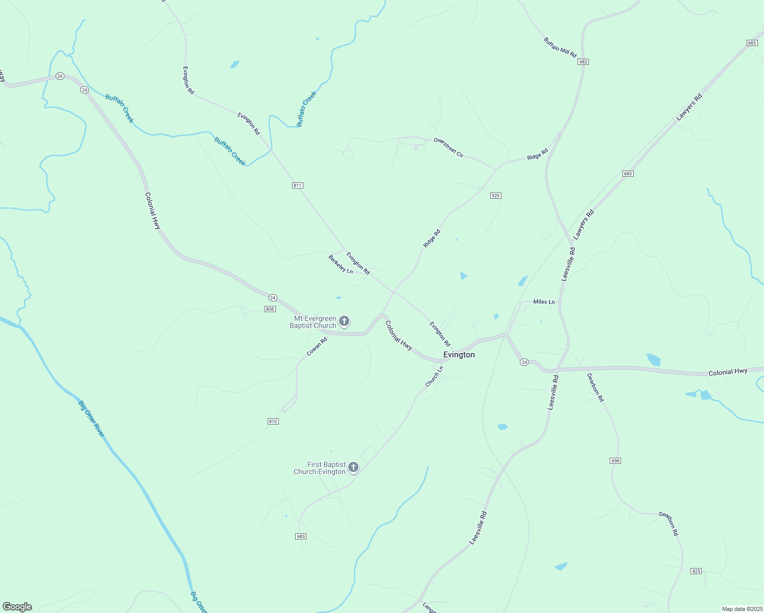 map of restaurants, bars, coffee shops, grocery stores, and more near 1259 Ridge Road in Evington