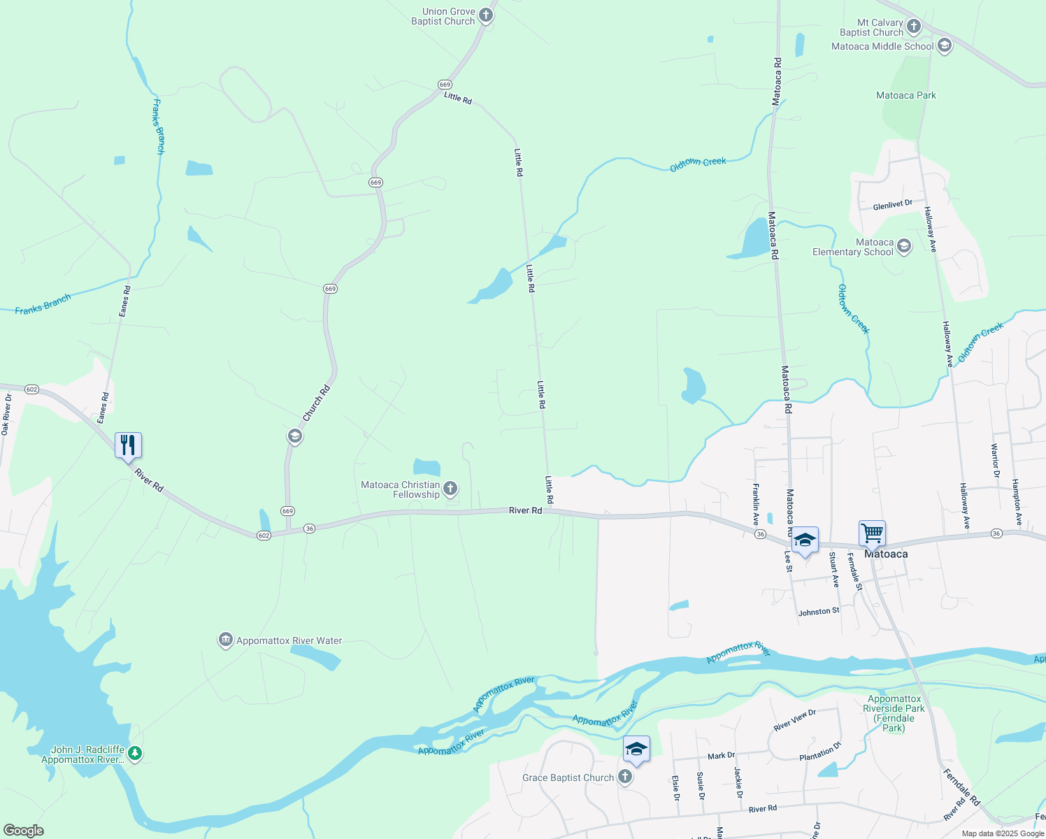 map of restaurants, bars, coffee shops, grocery stores, and more near 20714 Tangier Circle in Petersburg
