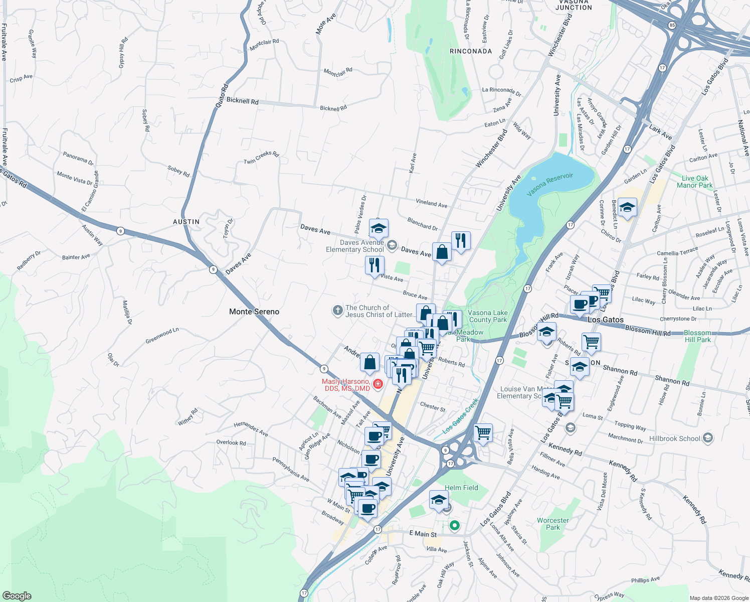map of restaurants, bars, coffee shops, grocery stores, and more near 73 Mariposa Avenue in Los Gatos