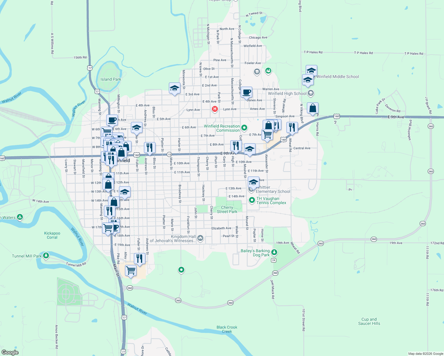map of restaurants, bars, coffee shops, grocery stores, and more near 1316 East 12th Avenue in Winfield