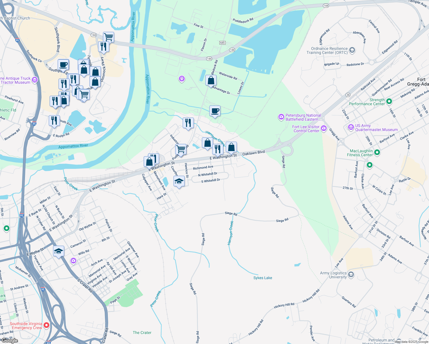 map of restaurants, bars, coffee shops, grocery stores, and more near 2207 North Whitehill Drive in Petersburg