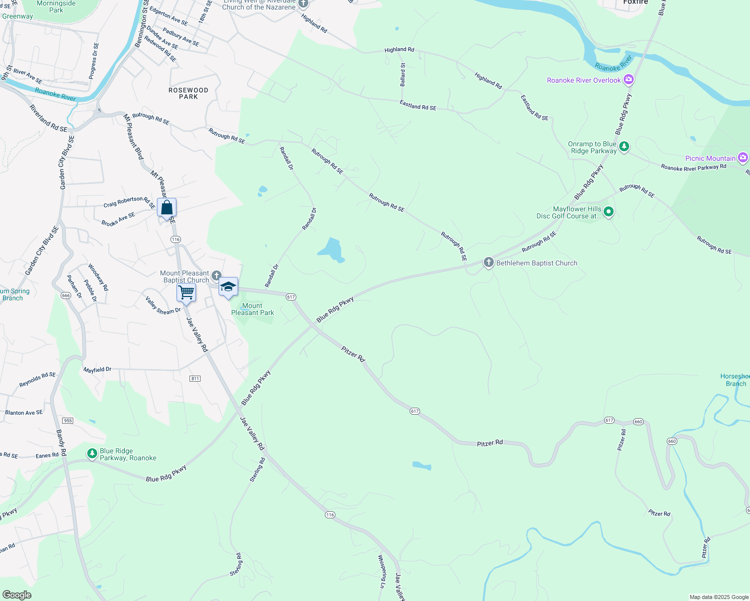 map of restaurants, bars, coffee shops, grocery stores, and more near 3528 Simsmore Avenue in Roanoke