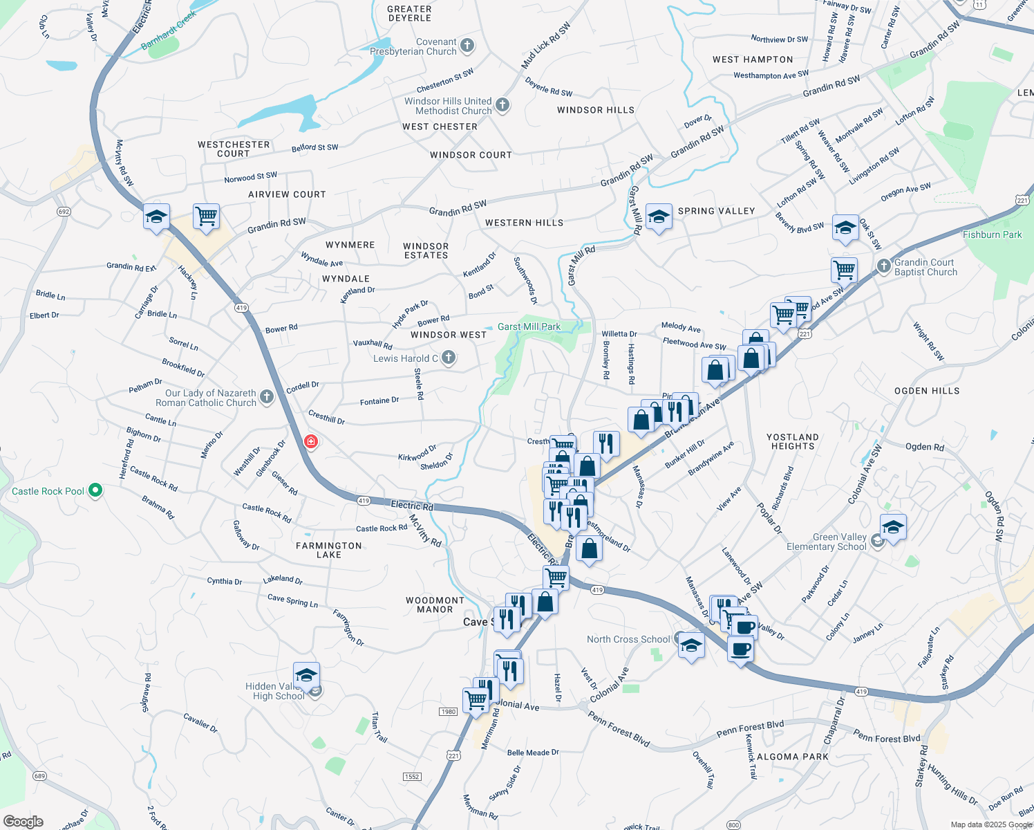 map of restaurants, bars, coffee shops, grocery stores, and more near 4231 Millcrest Court in Roanoke