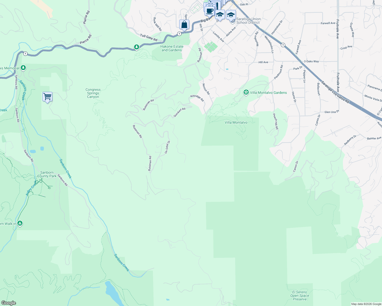 map of restaurants, bars, coffee shops, grocery stores, and more near 15905 Wildcat Ridge in Saratoga
