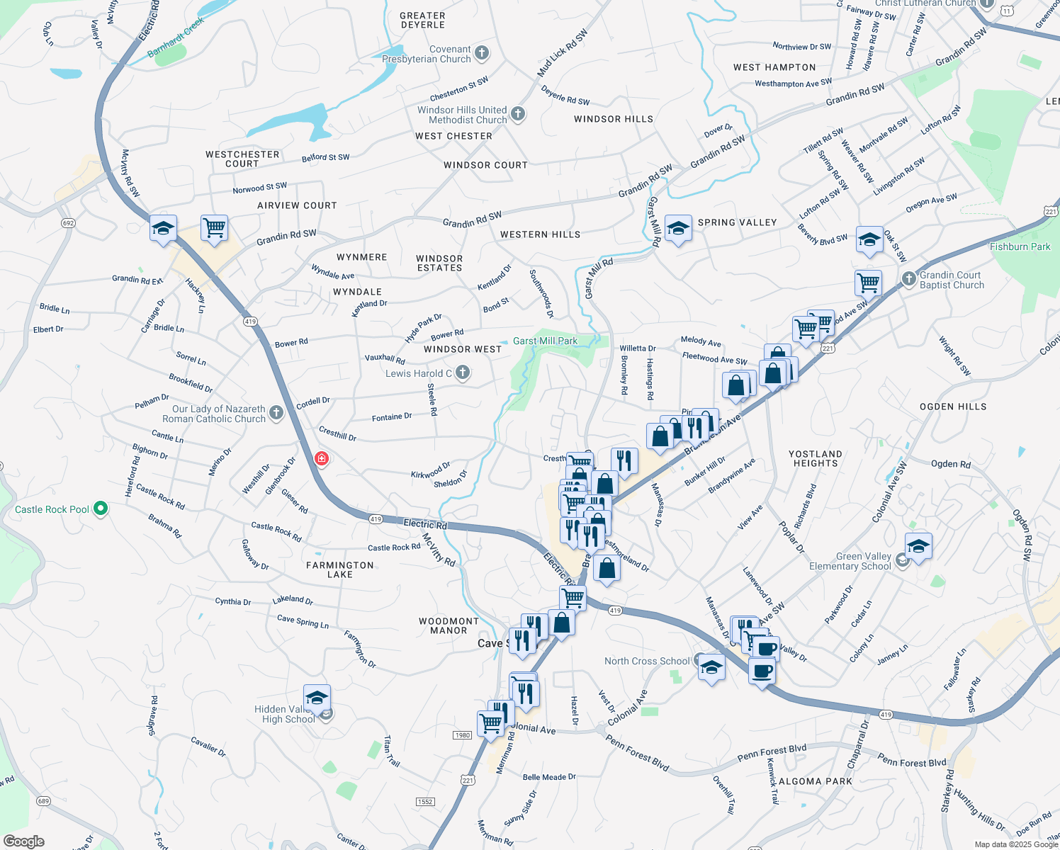 map of restaurants, bars, coffee shops, grocery stores, and more near 4239 Millcrest Court in Roanoke