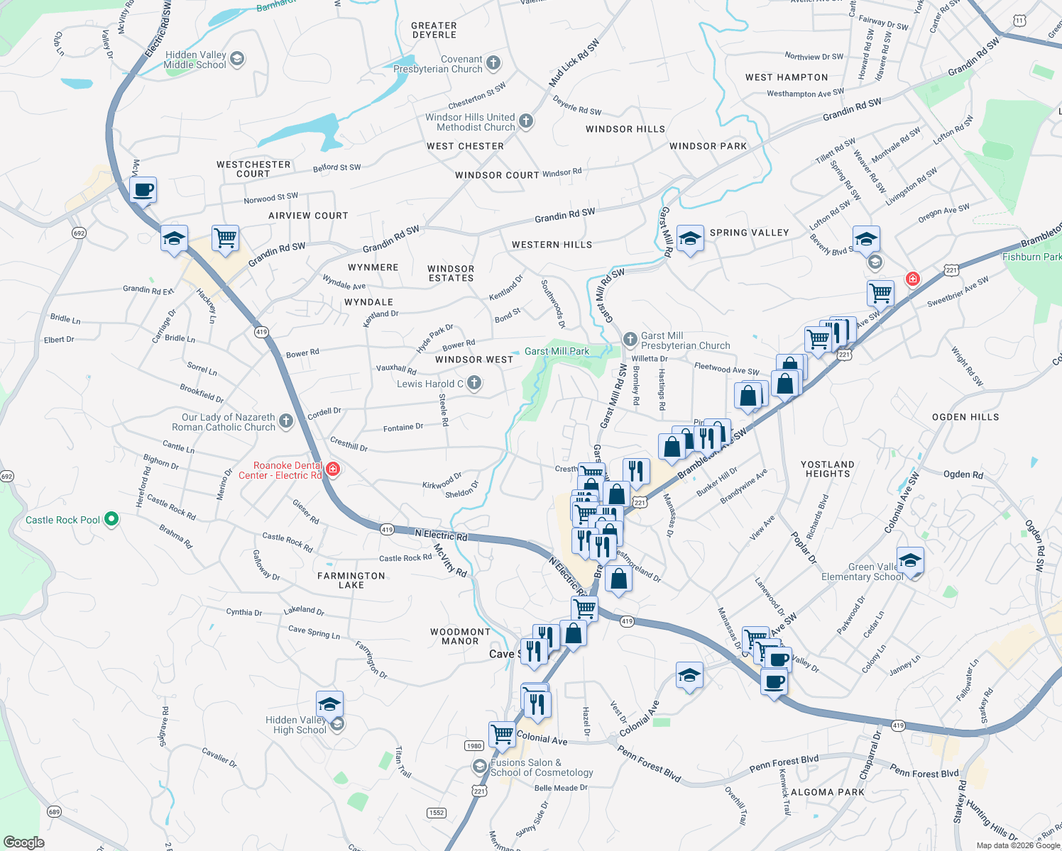 map of restaurants, bars, coffee shops, grocery stores, and more near 4346 Garstview Cir in Roanoke