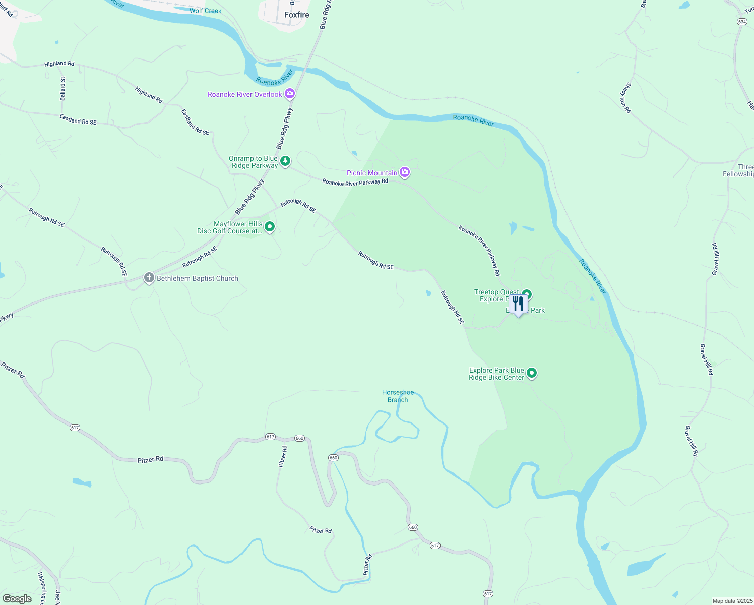 map of restaurants, bars, coffee shops, grocery stores, and more near 3653 Rutrough Rd in Roanoke