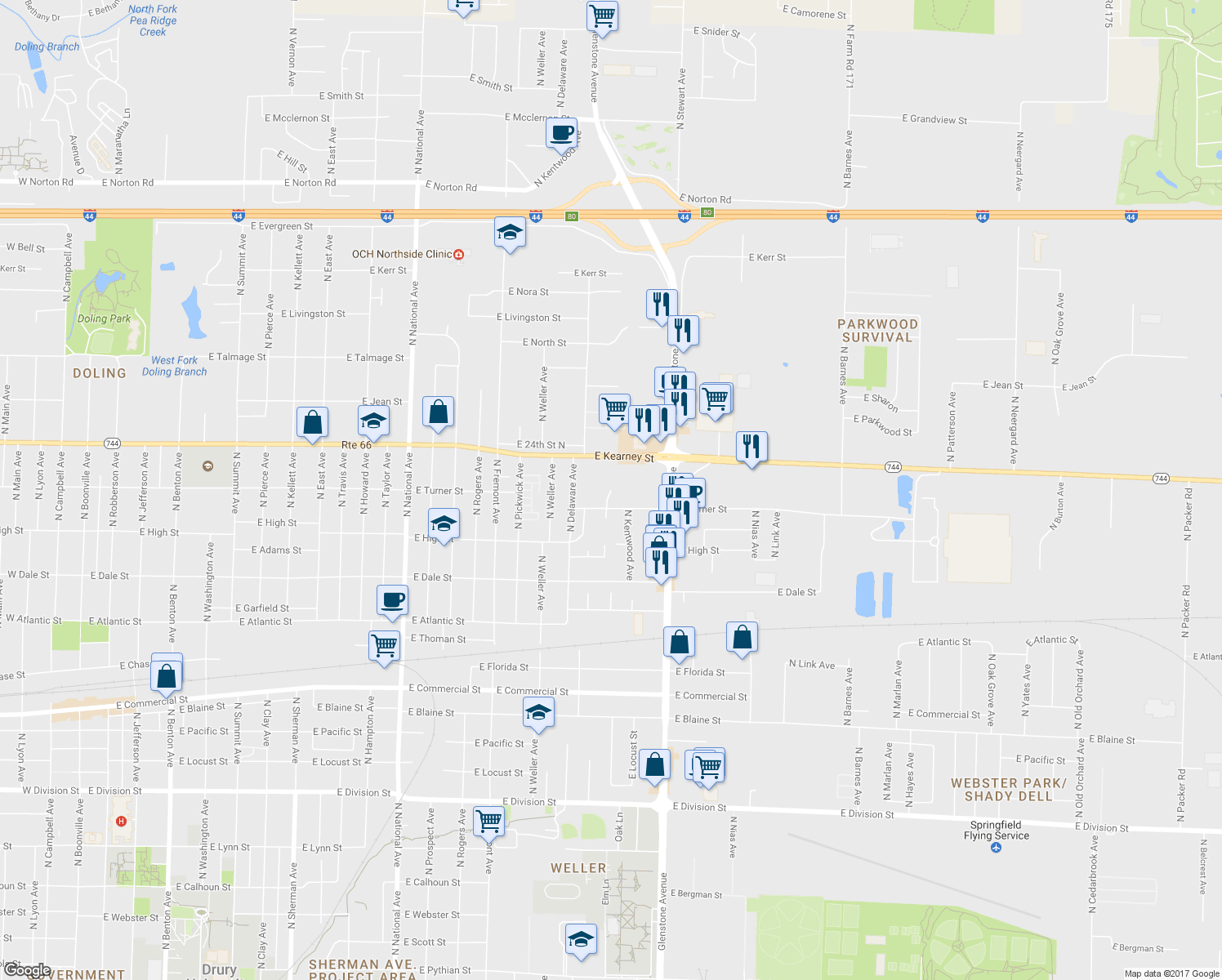 map of restaurants, bars, coffee shops, grocery stores, and more near 2529 North Ave B in Springfield