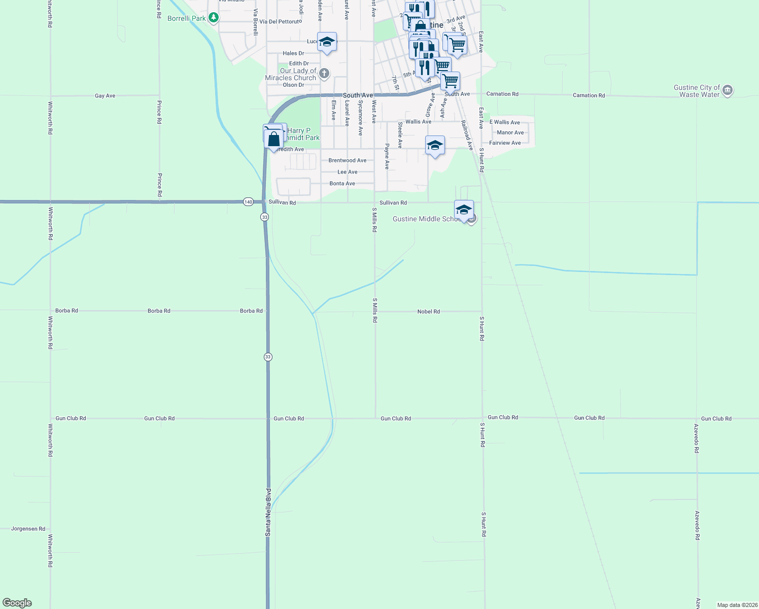 map of restaurants, bars, coffee shops, grocery stores, and more near 3456 South Mills Road in Gustine