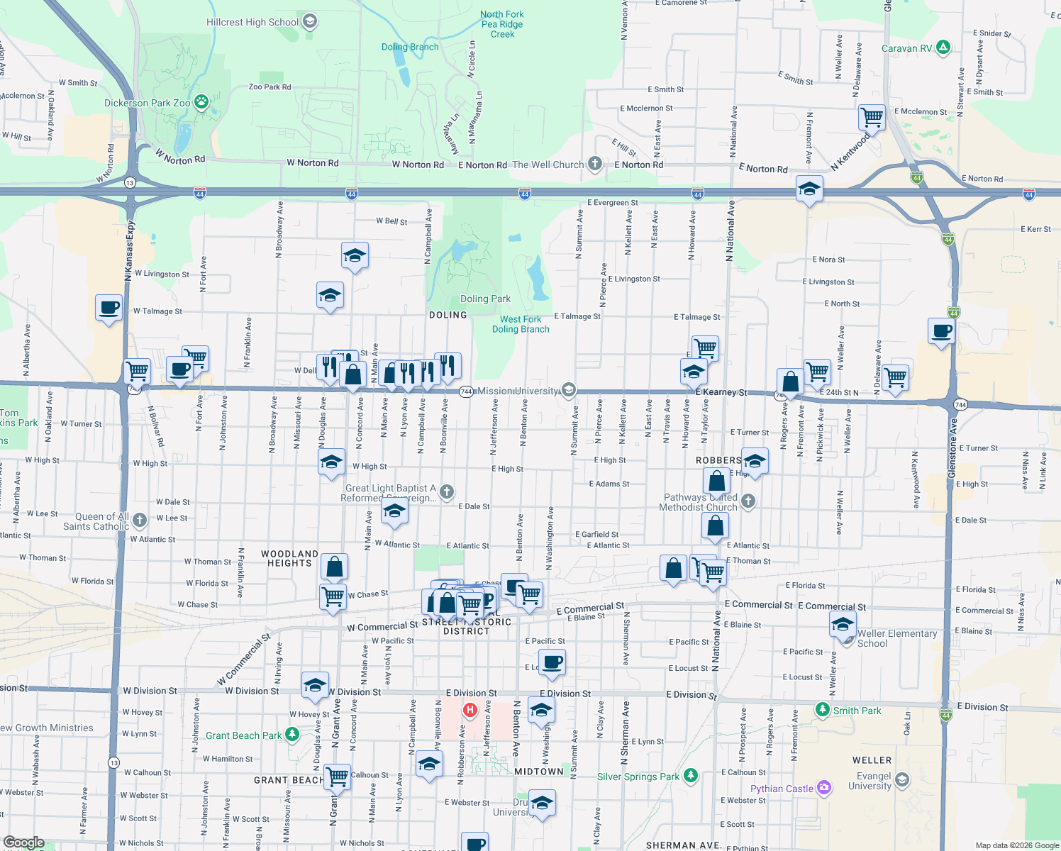 map of restaurants, bars, coffee shops, grocery stores, and more near 2302 North Benton Avenue in Springfield