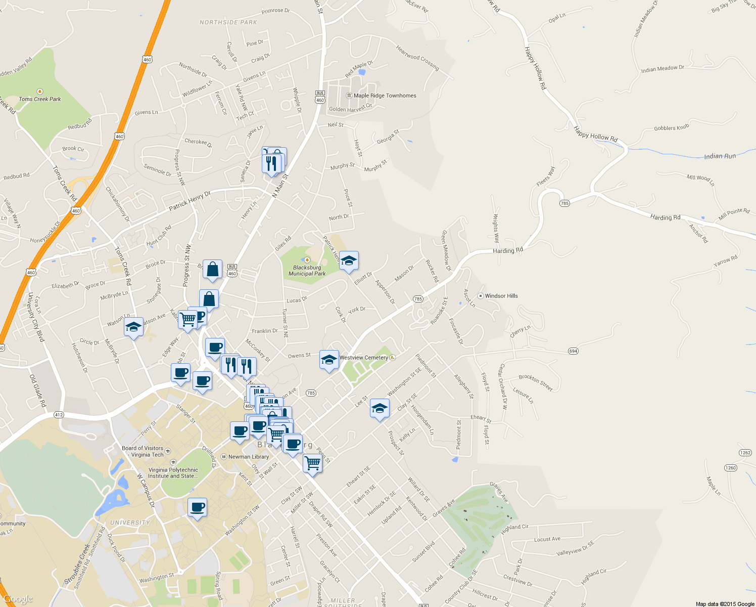 map of restaurants, bars, coffee shops, grocery stores, and more near 306 Patrick Henry Drive in Blacksburg
