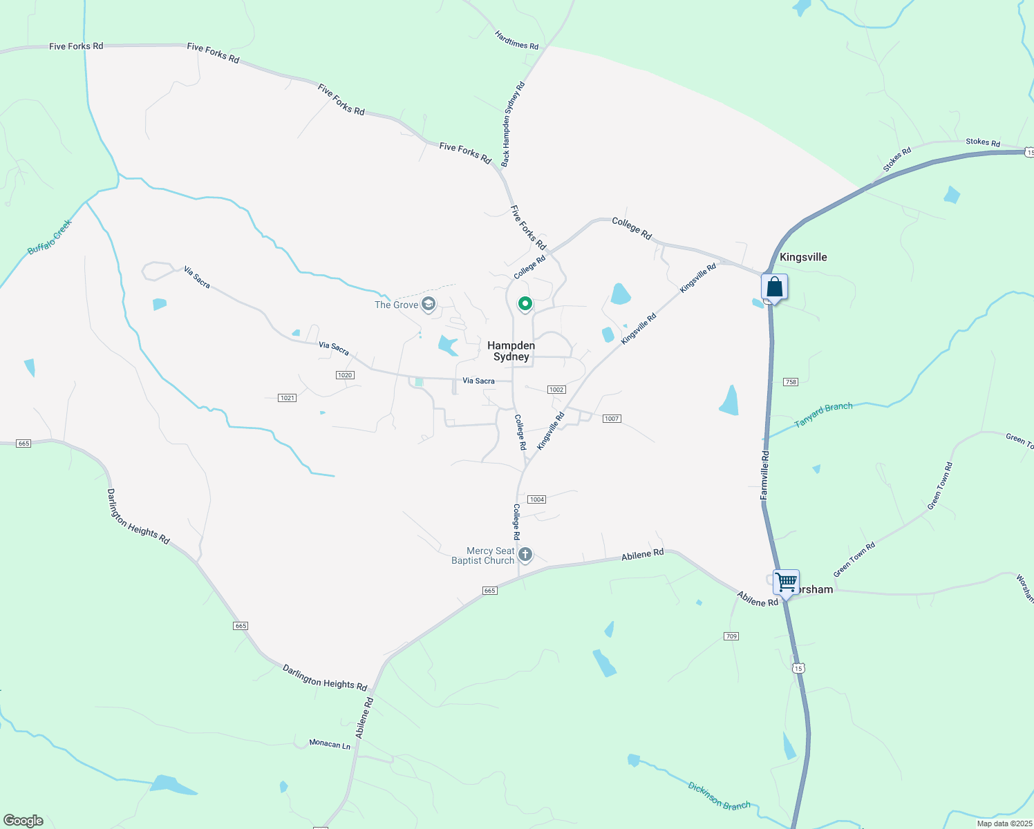 map of restaurants, bars, coffee shops, grocery stores, and more near College Road in Farmville