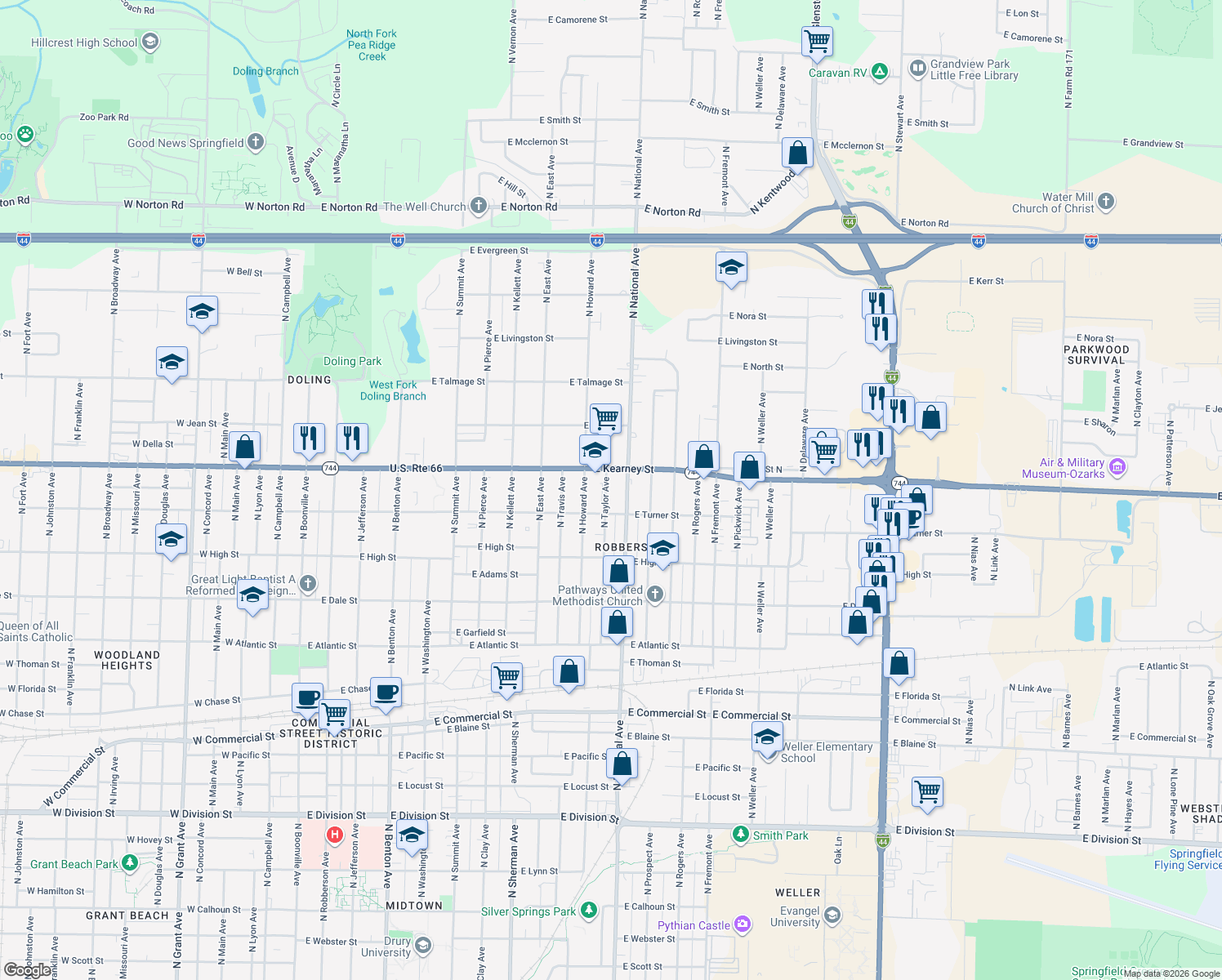 map of restaurants, bars, coffee shops, grocery stores, and more near 2332 North Taylor Avenue in Springfield