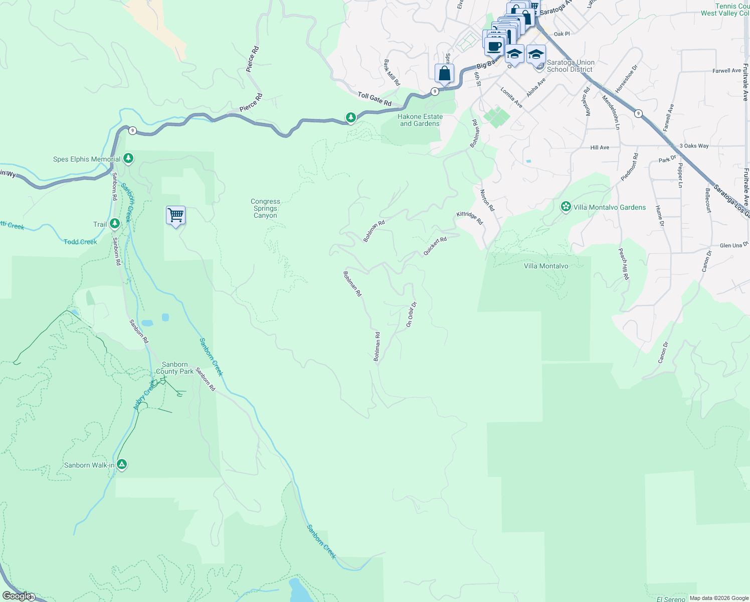 map of restaurants, bars, coffee shops, grocery stores, and more near 15668 Bohlman Road in Saratoga