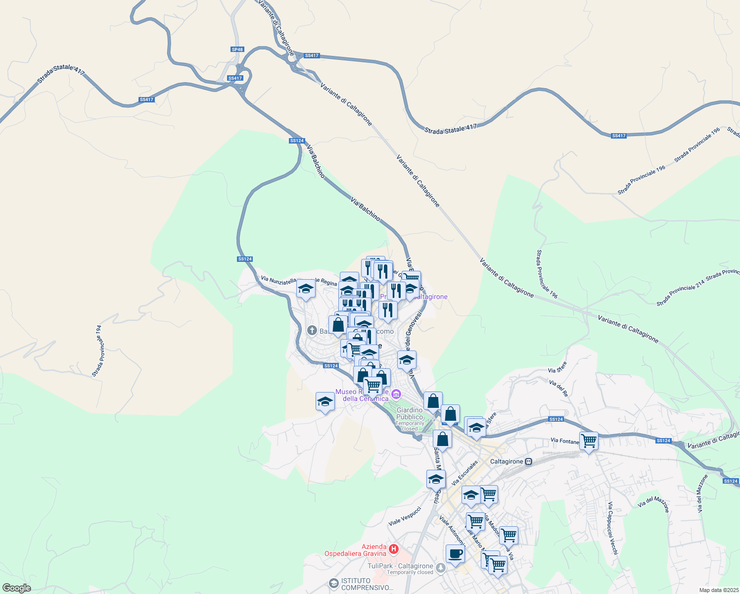 map of restaurants, bars, coffee shops, grocery stores, and more near 10 Via Fanales in Caltagirone