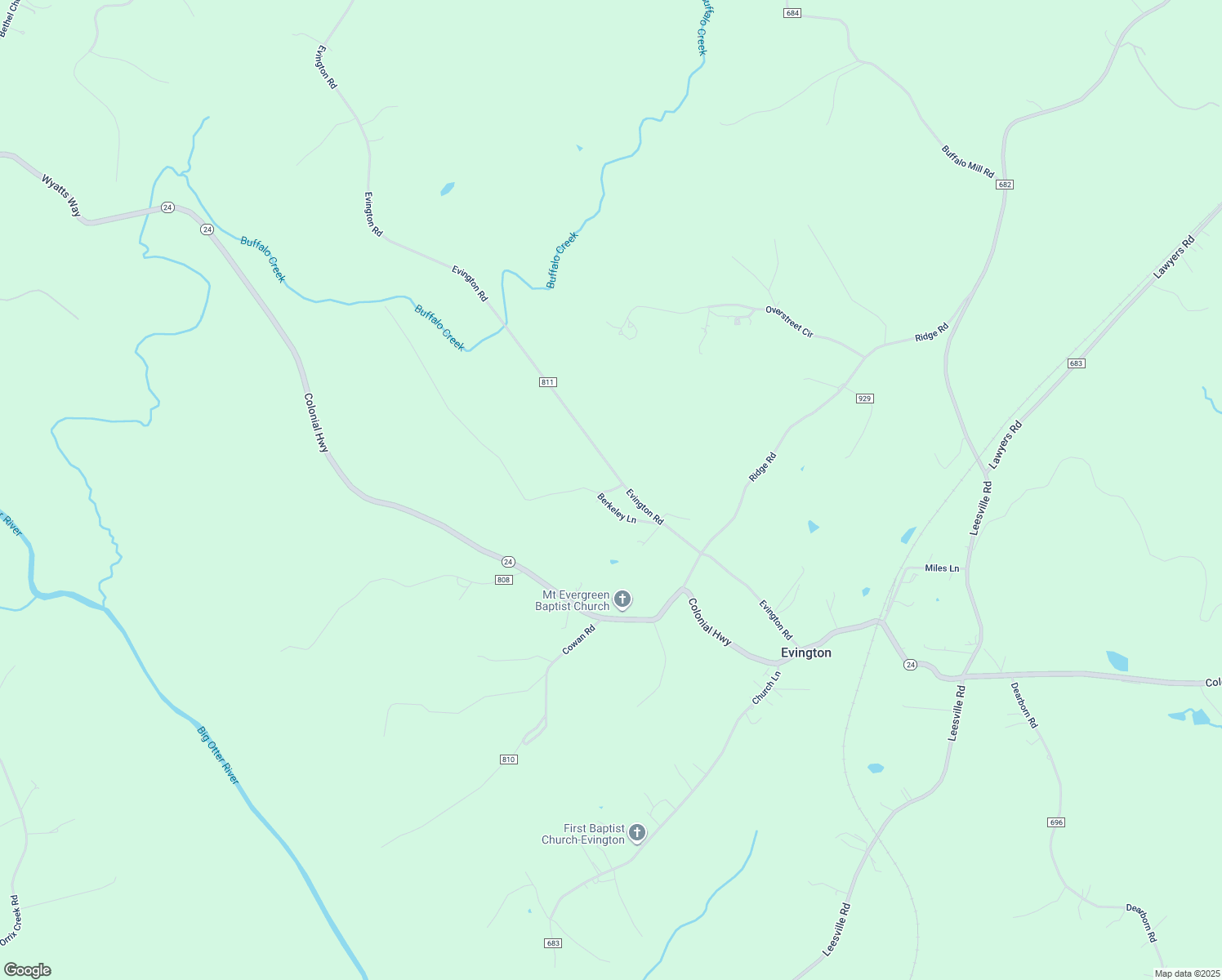 map of restaurants, bars, coffee shops, grocery stores, and more near 21 Berkeley Lane in Evington