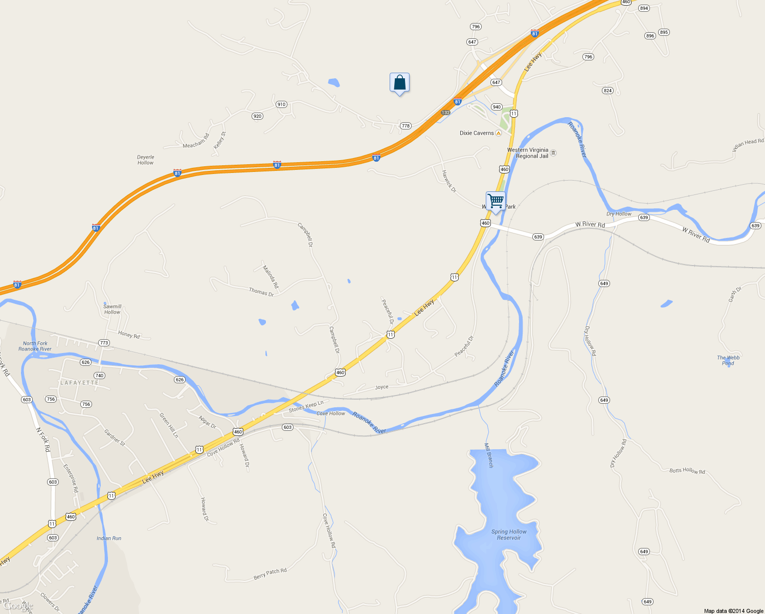 map of restaurants, bars, coffee shops, grocery stores, and more near 6368 Peaceful Dr in Salem