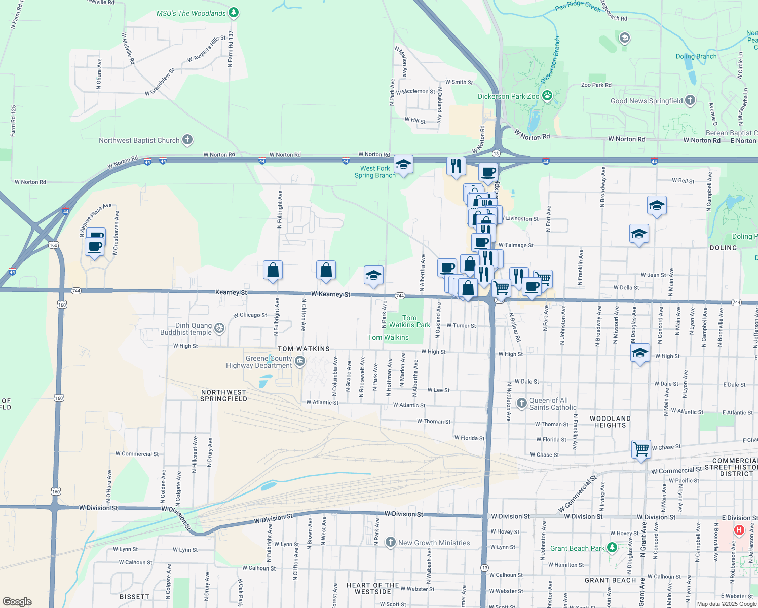 map of restaurants, bars, coffee shops, grocery stores, and more near 2212 West Kearney Street in Springfield