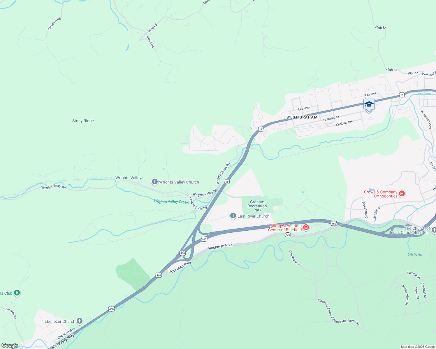 map of restaurants, bars, coffee shops, grocery stores, and more near 4197 Wrights Valley Road in Bluefield