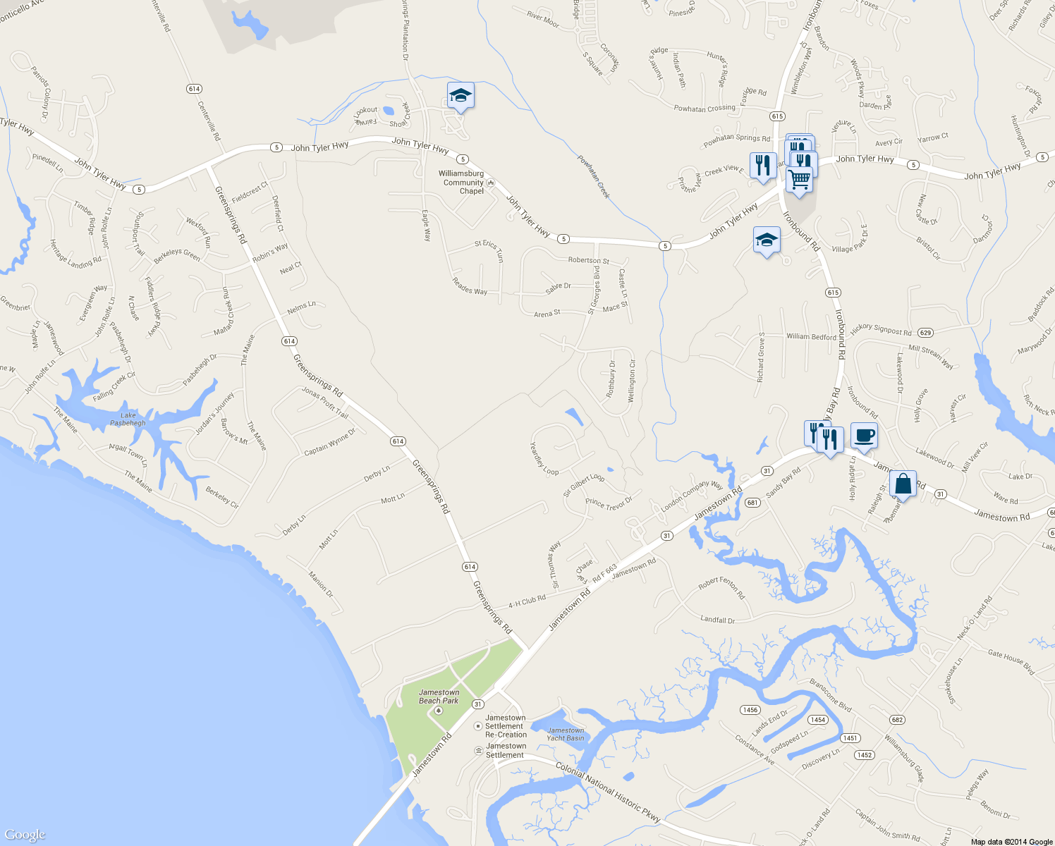 map of restaurants, bars, coffee shops, grocery stores, and more near 2816 Greate Way in Williamsburg
