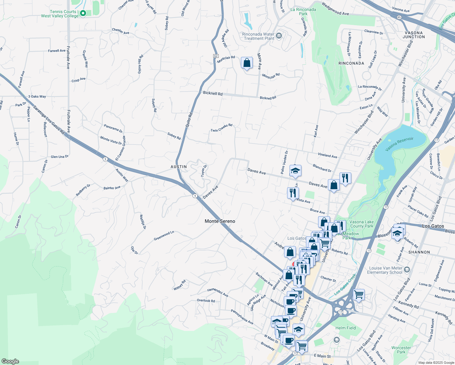 map of restaurants, bars, coffee shops, grocery stores, and more near 18305 Constitution Avenue in Monte Sereno