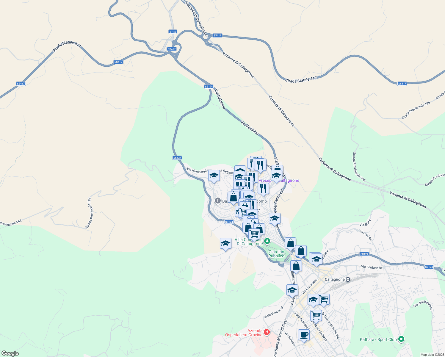 map of restaurants, bars, coffee shops, grocery stores, and more near 52 Via Monsignor Saverio Gerbino in Caltagirone