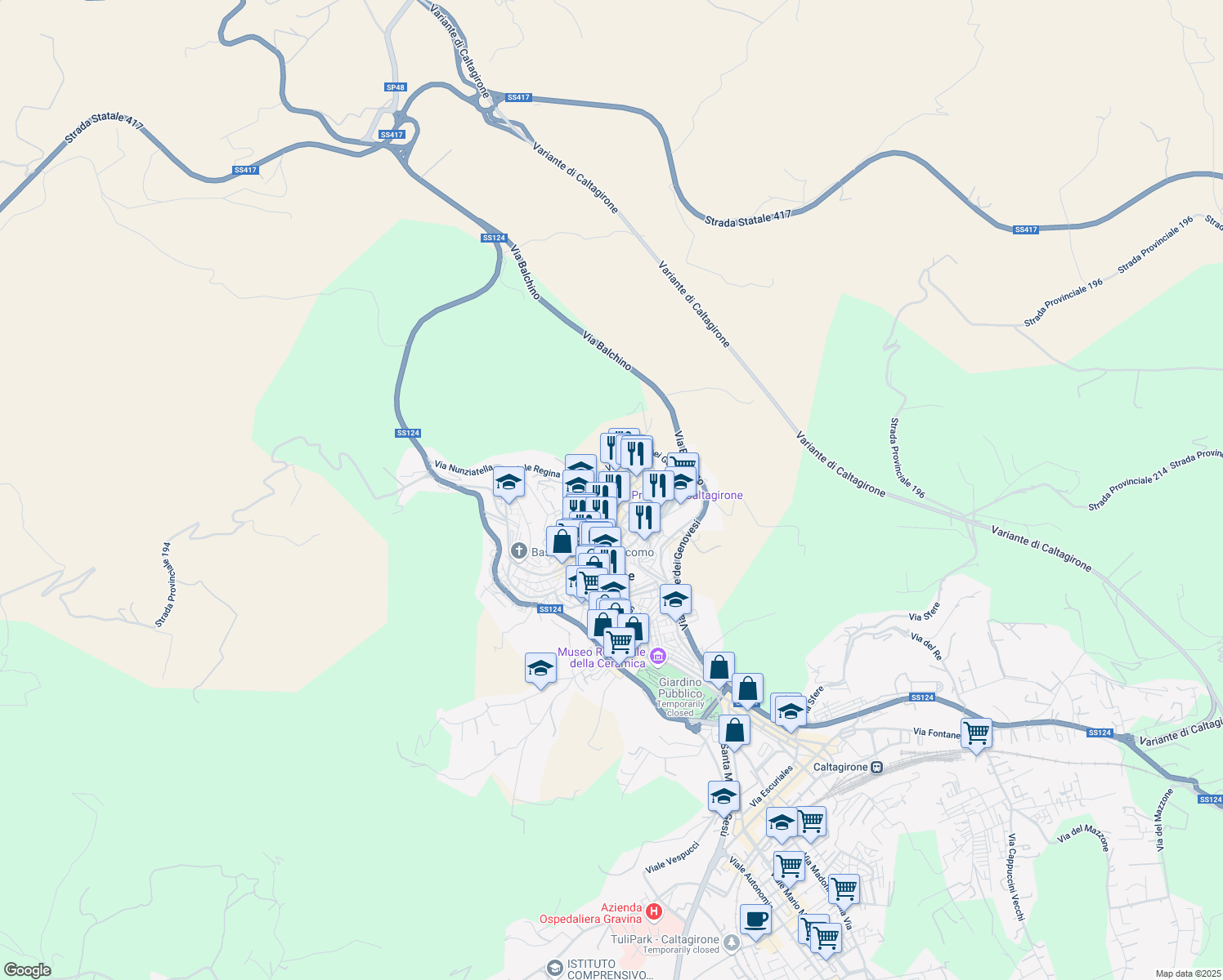 map of restaurants, bars, coffee shops, grocery stores, and more near 10 Via Fanales in Caltagirone