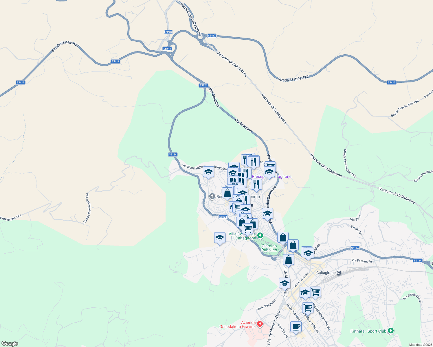 map of restaurants, bars, coffee shops, grocery stores, and more near 52 Via Monsignor Saverio Gerbino in Caltagirone