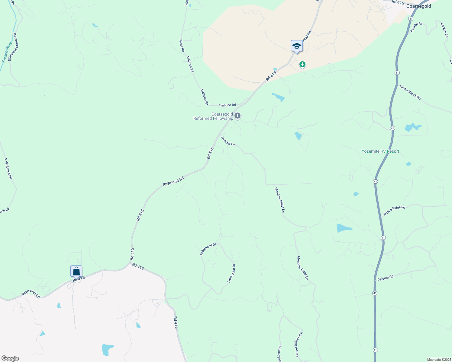 map of restaurants, bars, coffee shops, grocery stores, and more near Jennifer Way in Coarsegold