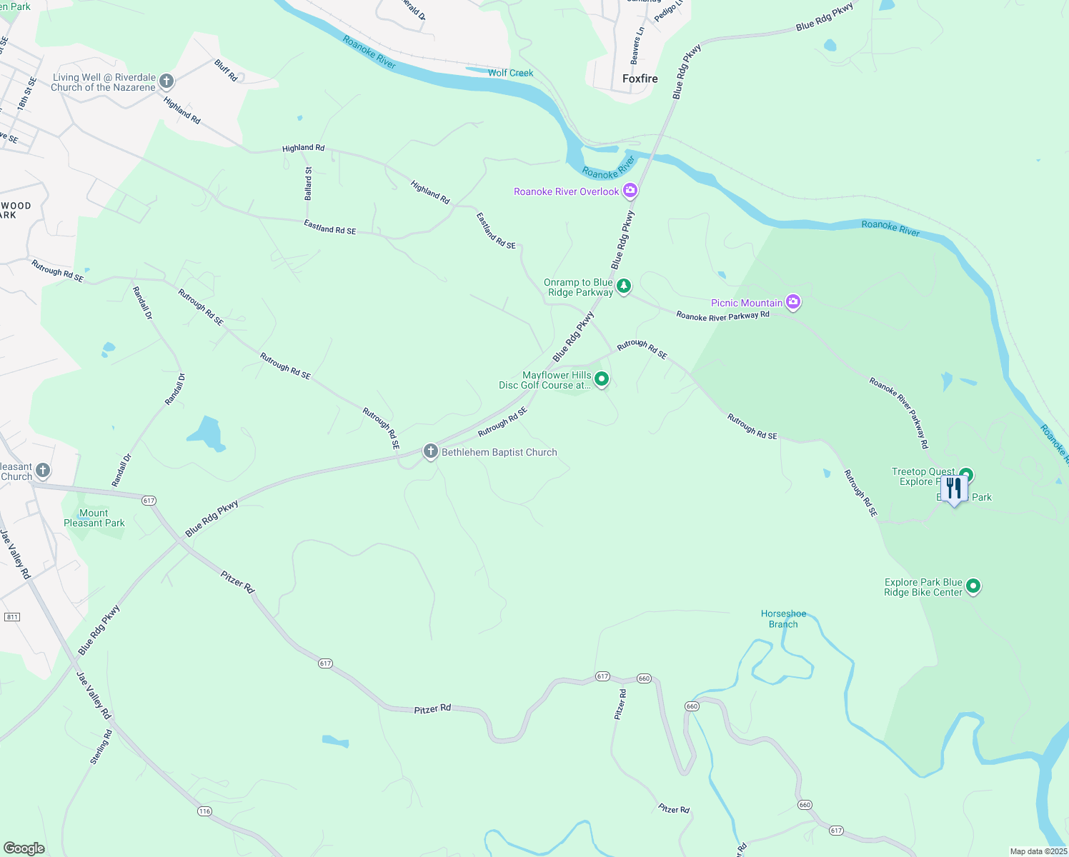 map of restaurants, bars, coffee shops, grocery stores, and more near 3246 Charleswood Road in Roanoke