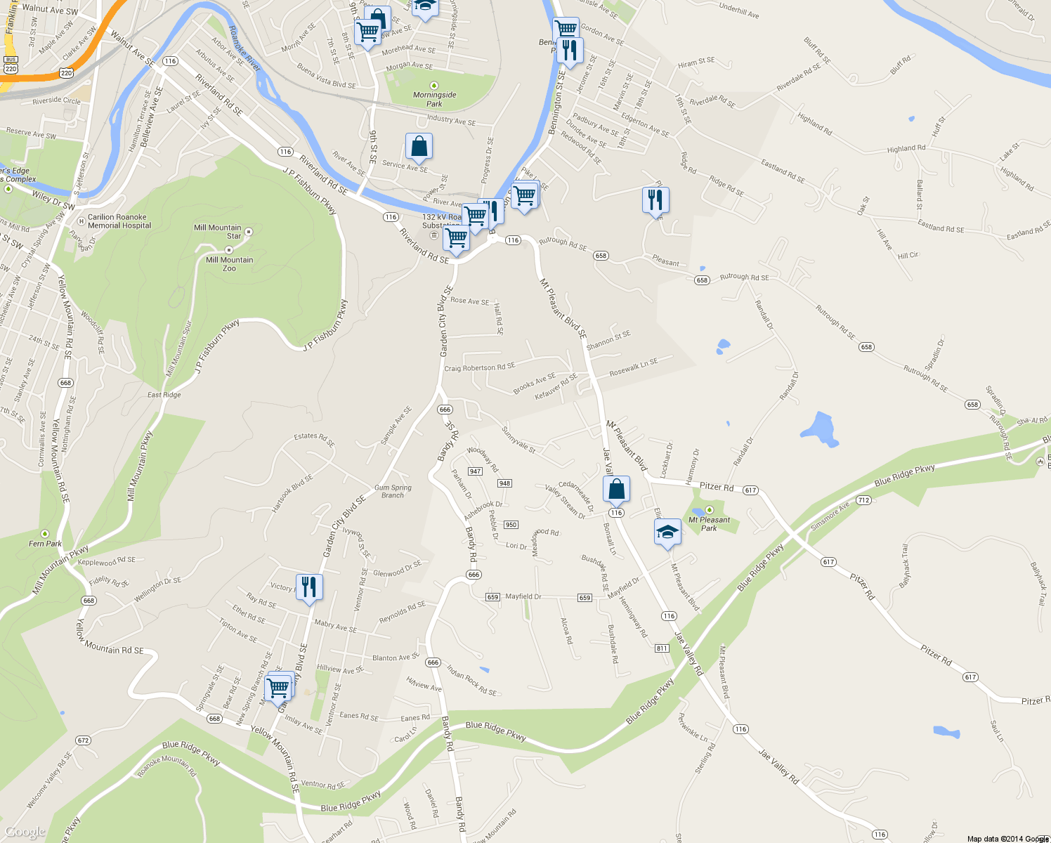 map of restaurants, bars, coffee shops, grocery stores, and more near 2720 Sunnyvale Street in Roanoke