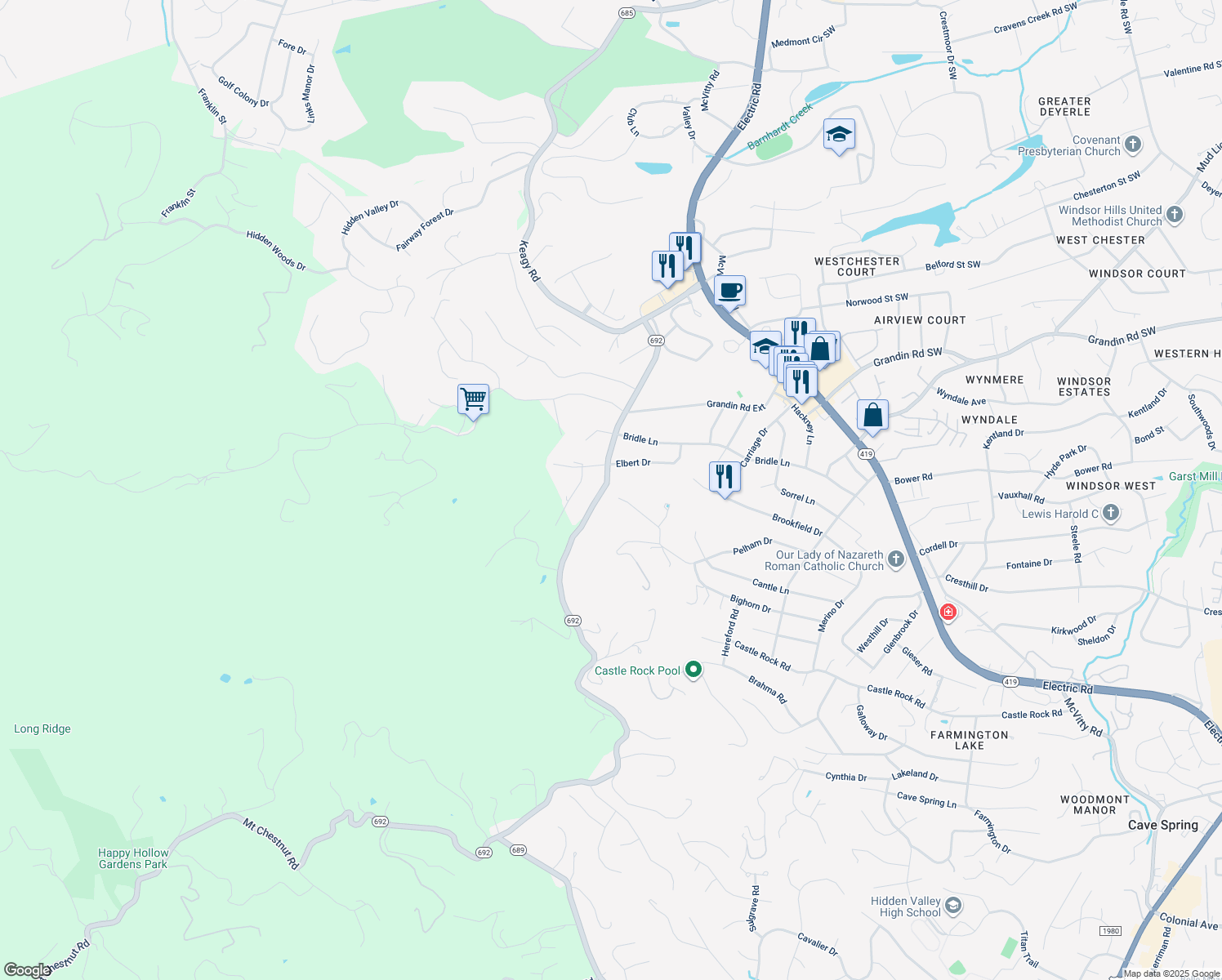 map of restaurants, bars, coffee shops, grocery stores, and more near 1802 Pelham Drive in Roanoke