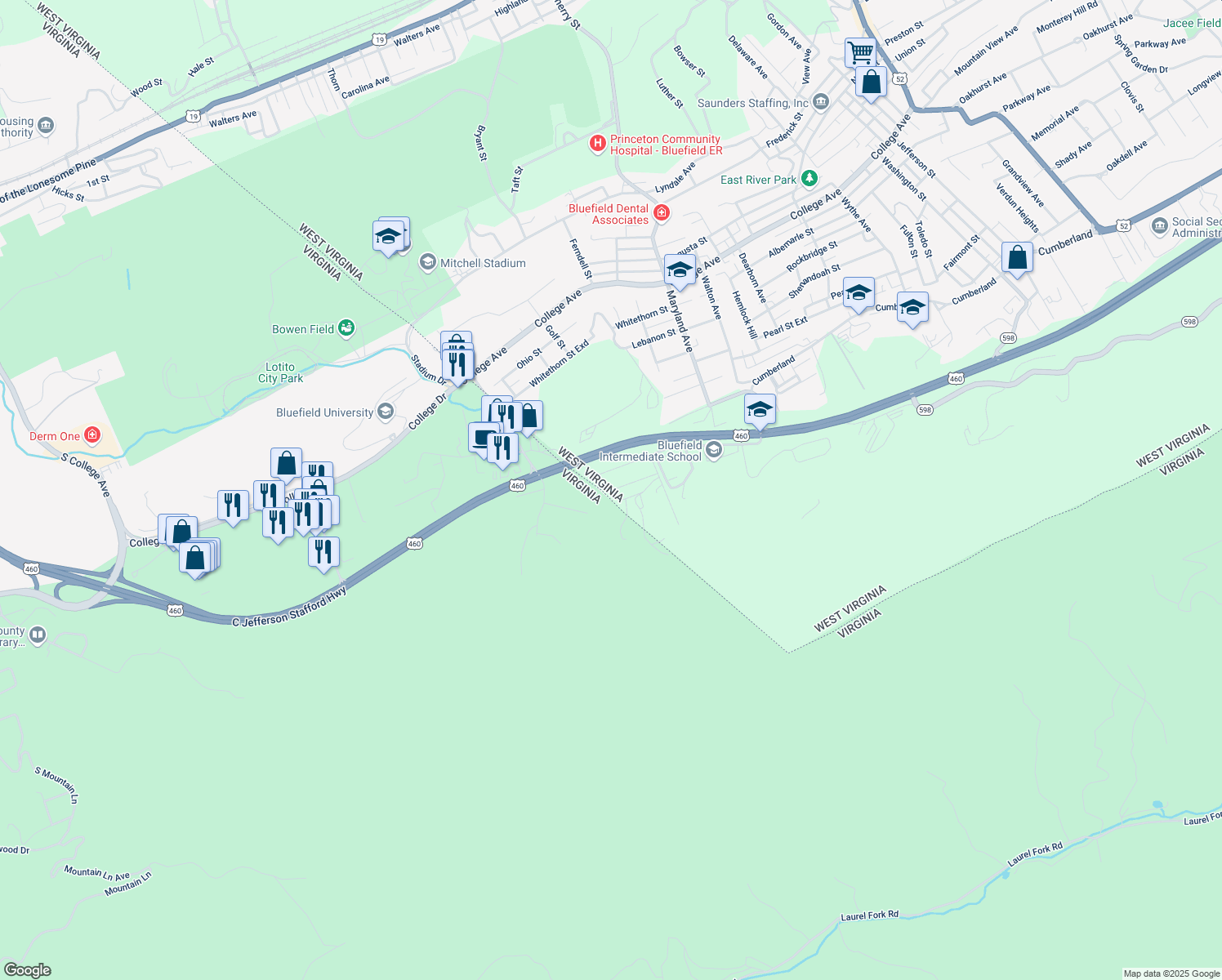 map of restaurants, bars, coffee shops, grocery stores, and more near 1454 Fairview Dr in Bluefield