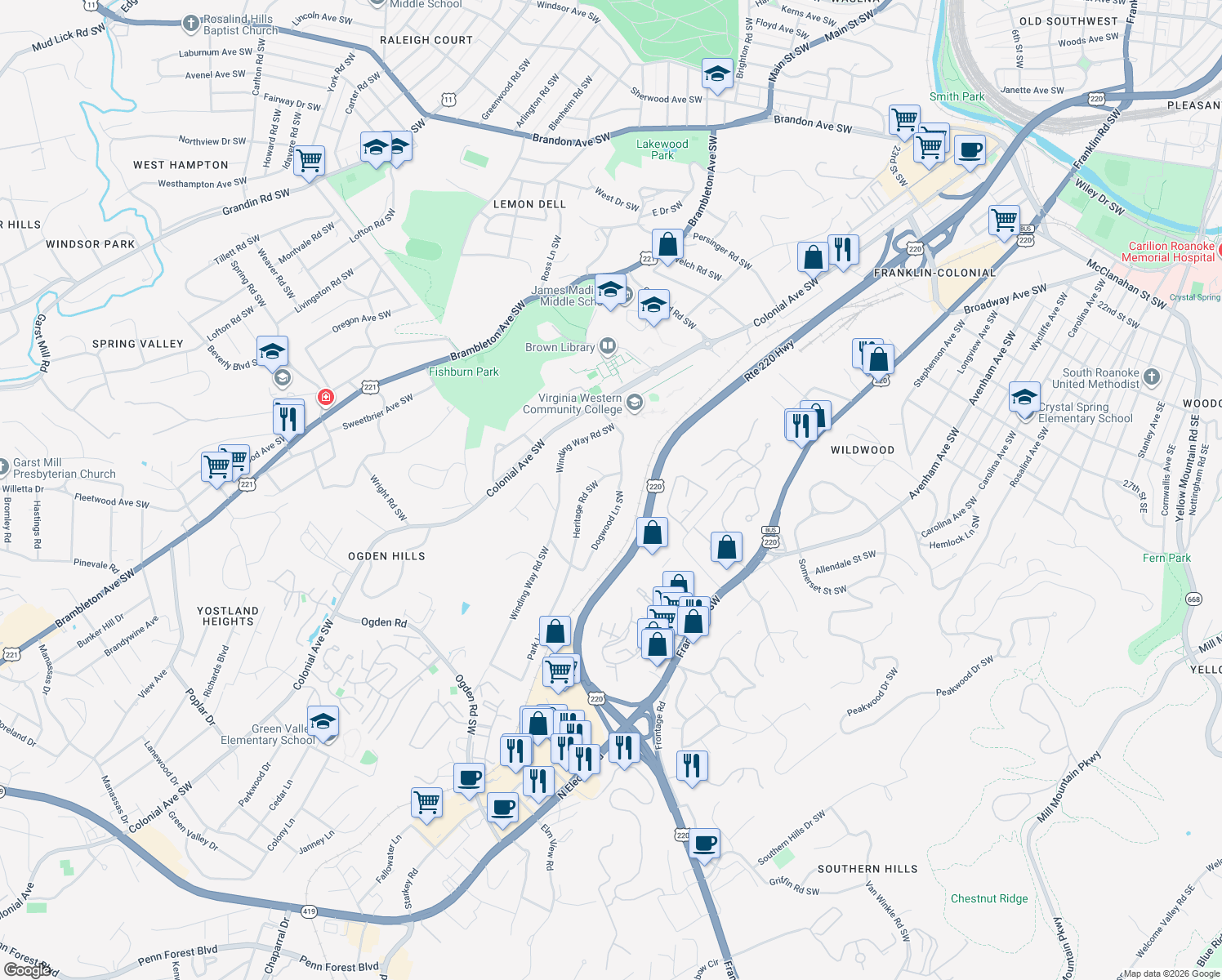 map of restaurants, bars, coffee shops, grocery stores, and more near 3615 Dogwood Ln SW in Roanoke