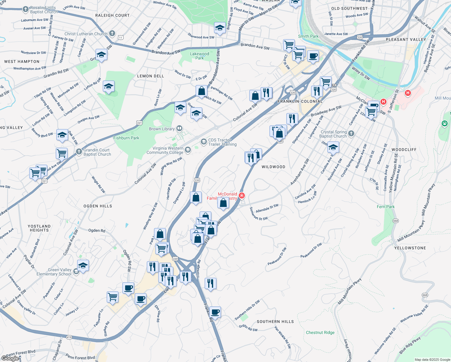 map of restaurants, bars, coffee shops, grocery stores, and more near 3315 Southwood Village Court Southwest in Roanoke
