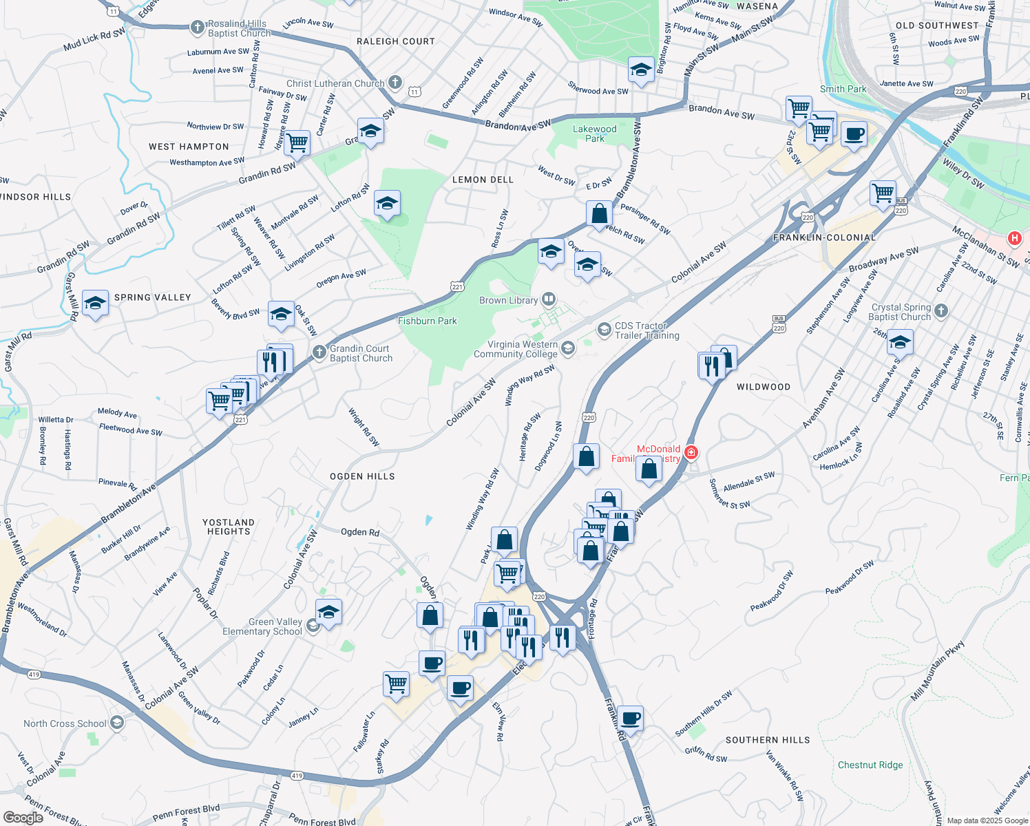 map of restaurants, bars, coffee shops, grocery stores, and more near 3638 Winding Way Road Southwest in Roanoke