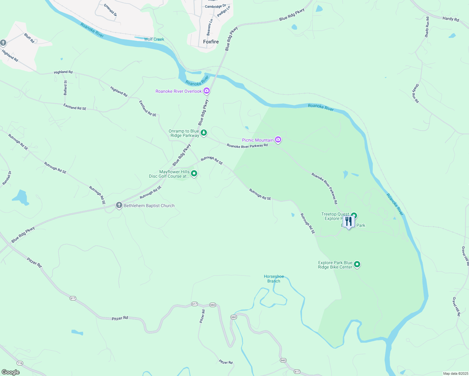 map of restaurants, bars, coffee shops, grocery stores, and more near 3585 Rutrough Road Southeast in Roanoke