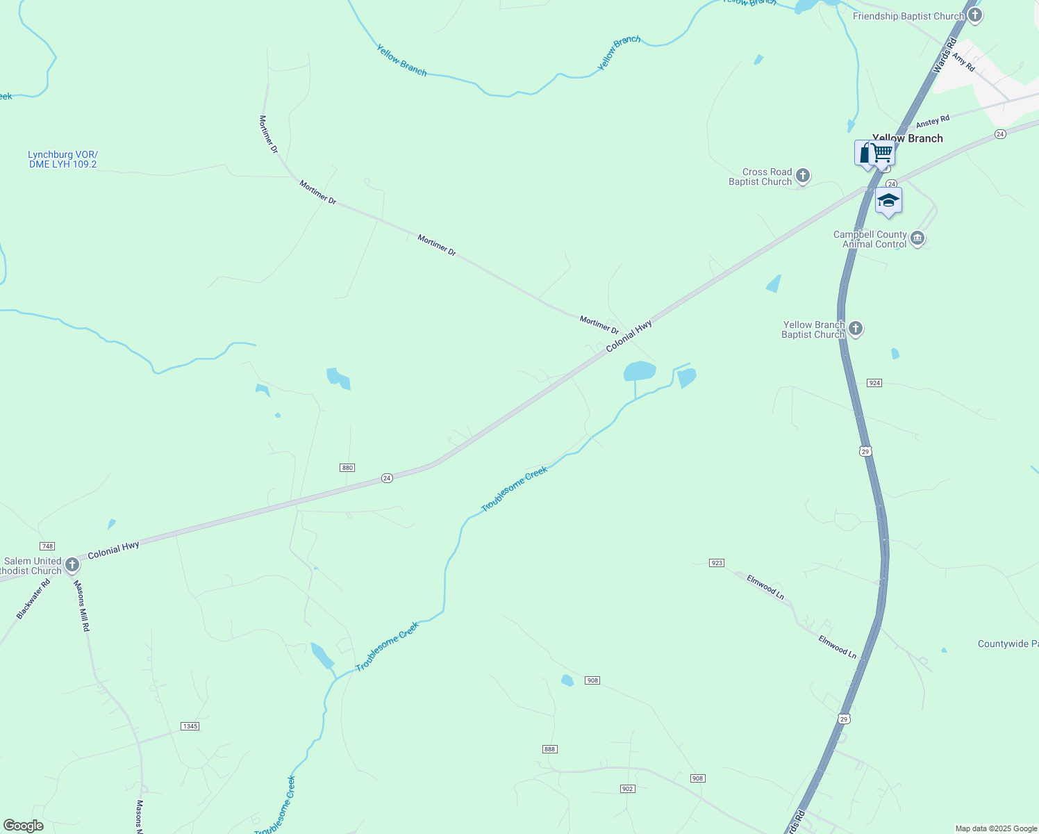 map of restaurants, bars, coffee shops, grocery stores, and more near 5758 Colonial Highway in Evington