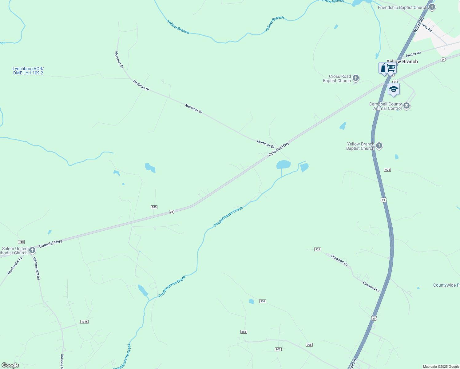 map of restaurants, bars, coffee shops, grocery stores, and more near 5758 Colonial Highway in Evington