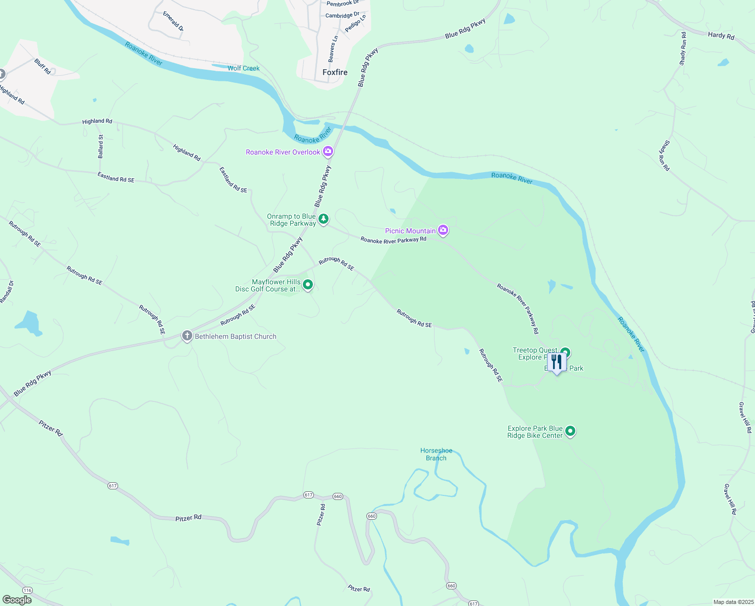 map of restaurants, bars, coffee shops, grocery stores, and more near 3585 Rutrough Road Southeast in Roanoke