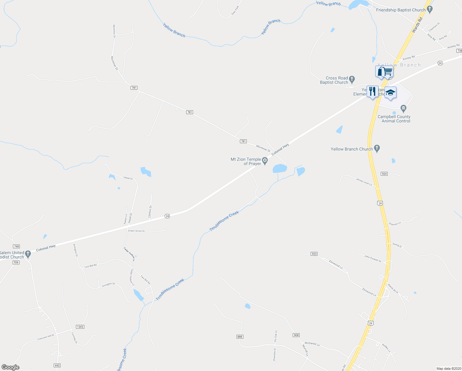 map of restaurants, bars, coffee shops, grocery stores, and more near 5698 Colonial Highway in Evington