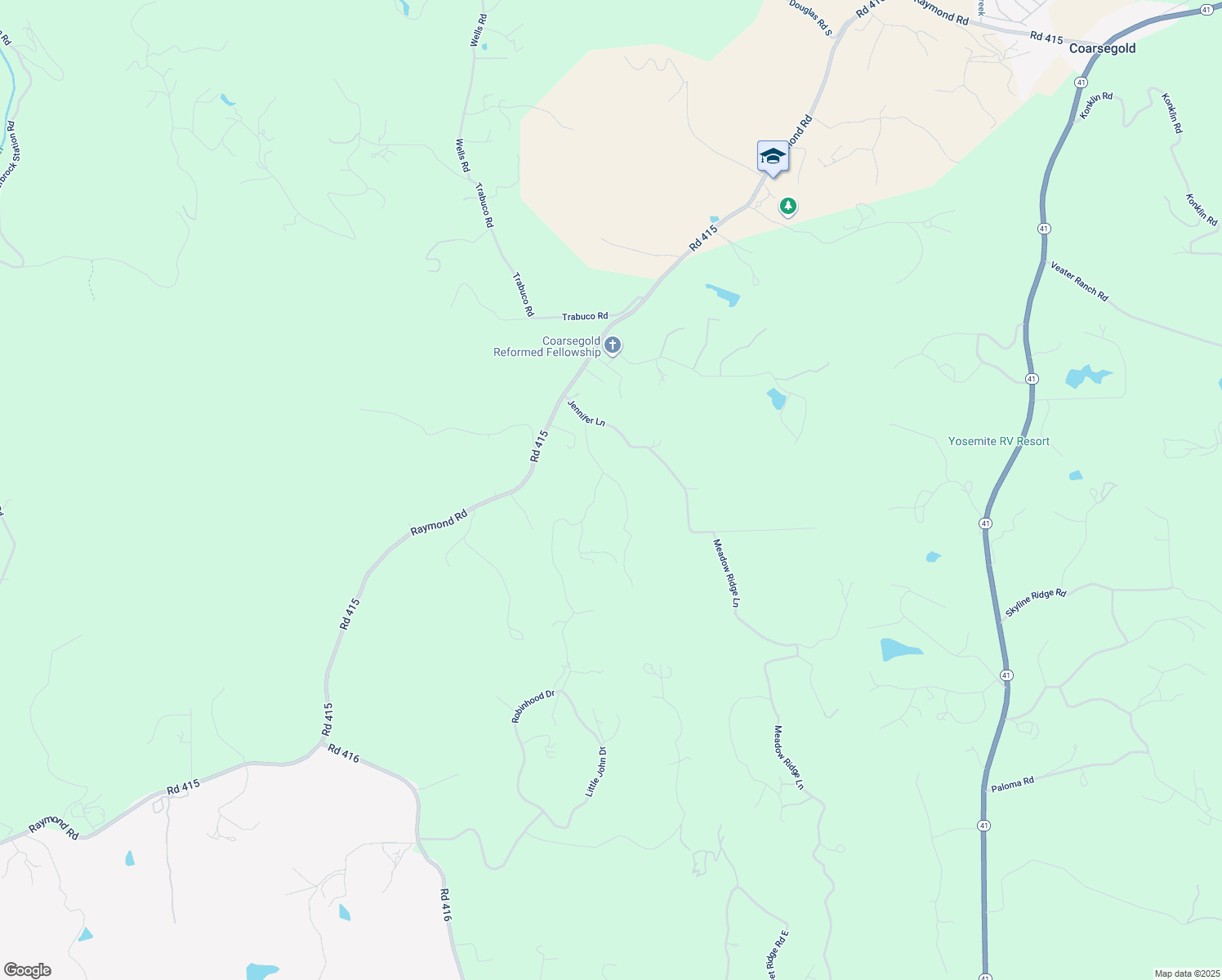 map of restaurants, bars, coffee shops, grocery stores, and more near Jennifer Way in Coarsegold