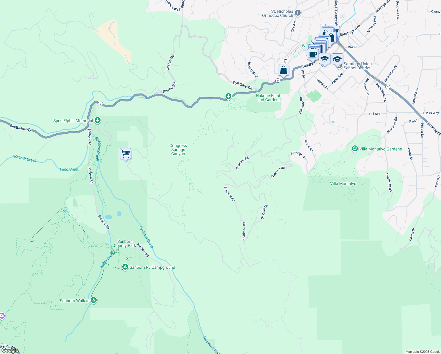map of restaurants, bars, coffee shops, grocery stores, and more near 15525 Bohlman Road in Saratoga